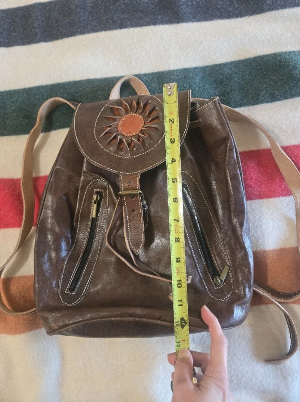 Brown Leather Sunburst Accent Backpack Purse